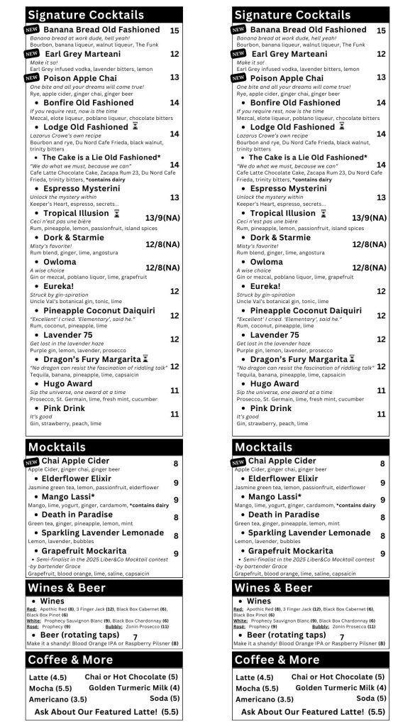Hourglass Cafe Cocktail Menu