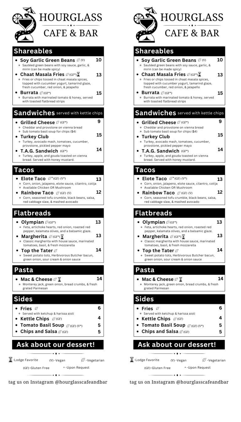 Hourglass Cafe Food Menu Winter 2026